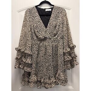 Graffiti Women’s Boho‎ Leopard Print Ruffle Wrap Skater Dress Size L Beige Gray